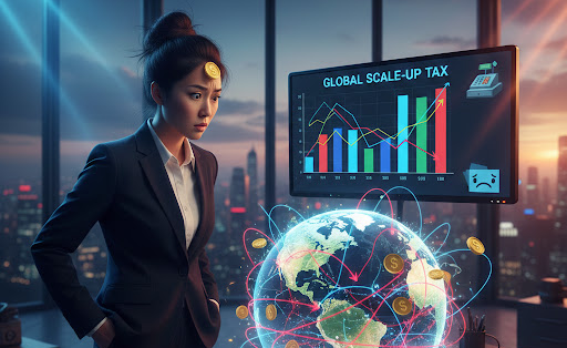 A confused CEO looking at a messy globe with money flying out in every direction